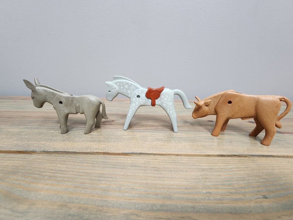 Playmobil Horse Ox Figures Lot of 3 Articulated Tan and Grey
